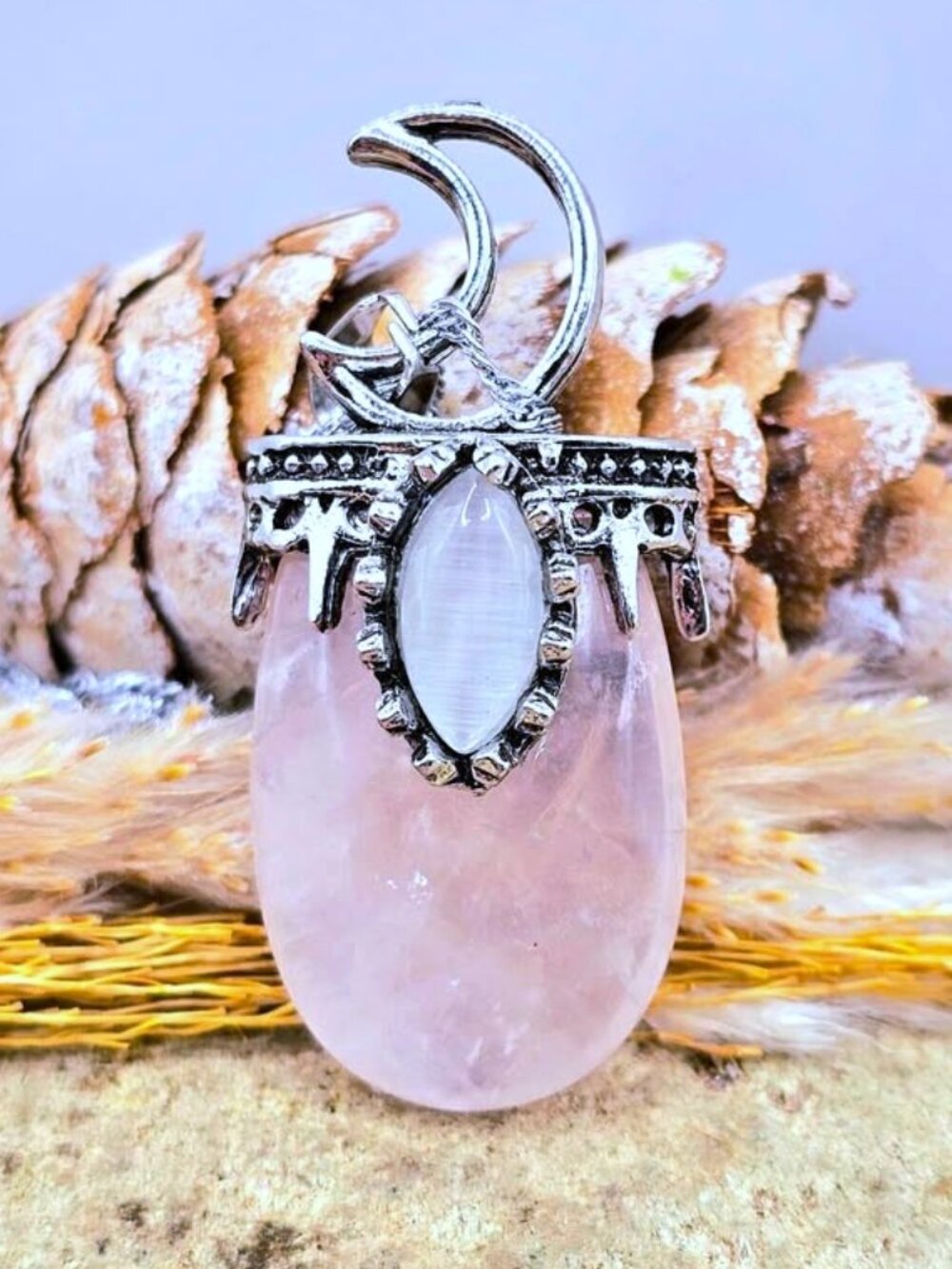 Rose Quartz Crescent Moon Pendant • White Cat Eye Accent • Pink Crystal Necklace